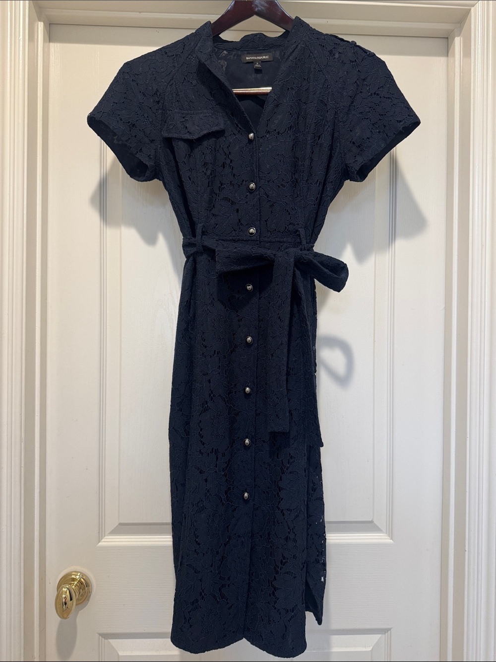Ann Taylor Navy Lace Shirt-Midi Dress with Tie Waist
